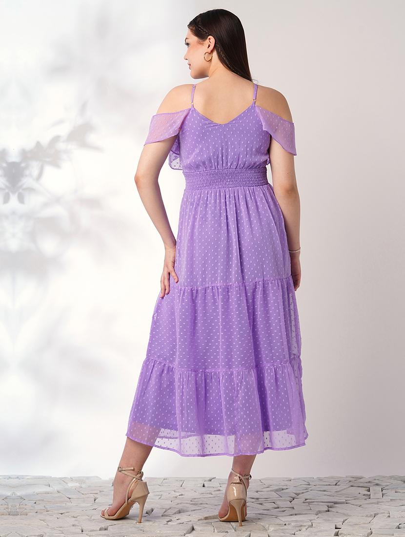 globus women lavender off shoulder self design ruffles detail smocked fit & flare midi party dress - 21908479 - Standard Image - 2