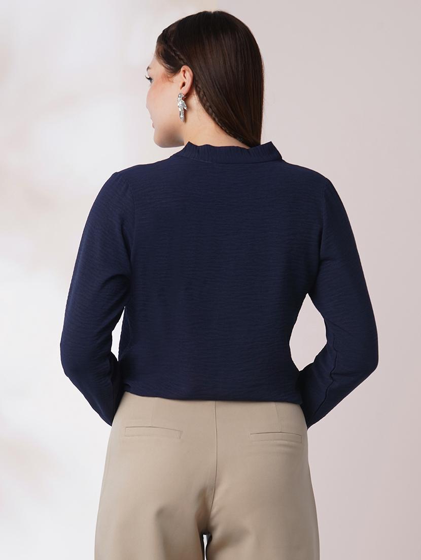 globus women navy blue tie-up neck cuffed sleeves workwear top - 21908482 - Standard Image - 2