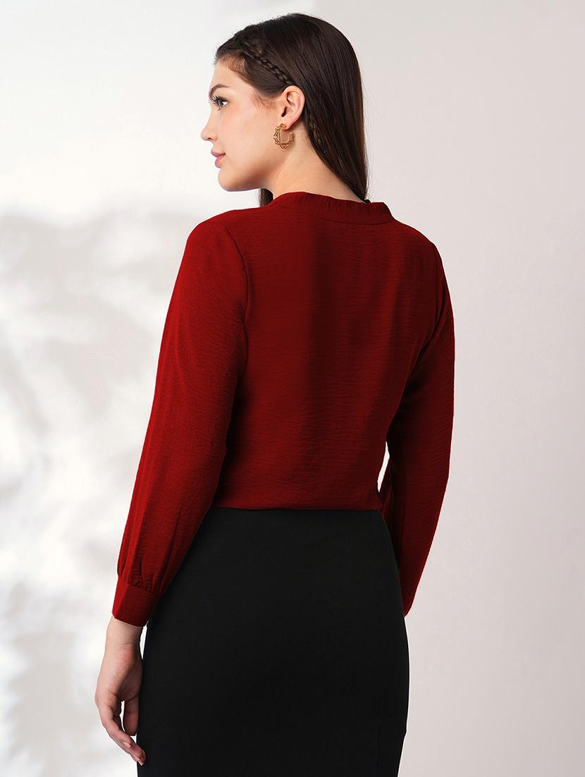 globus women maroon tie-up neck cuffed sleeves workwear top - 21908483 - Standard Image - 2