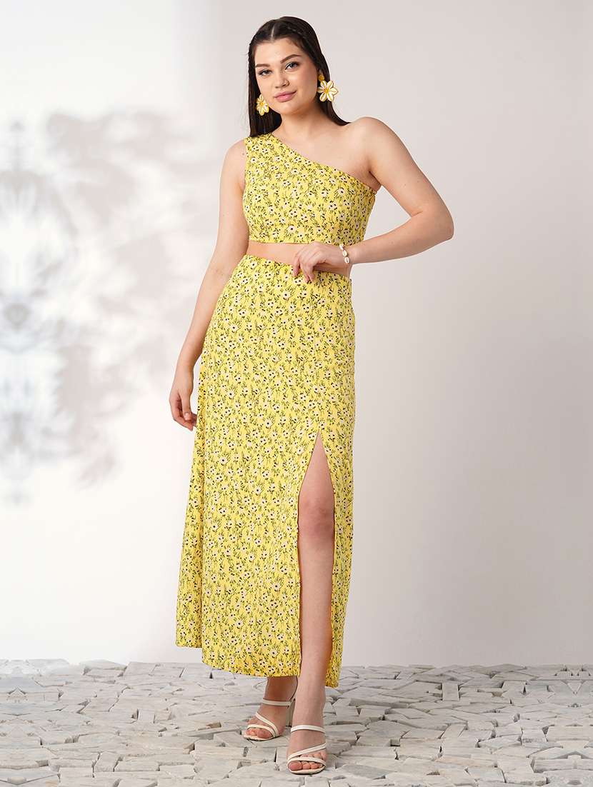 globus women yellow floral print one shoulder crop top with side slit maxi skirt co-ord set