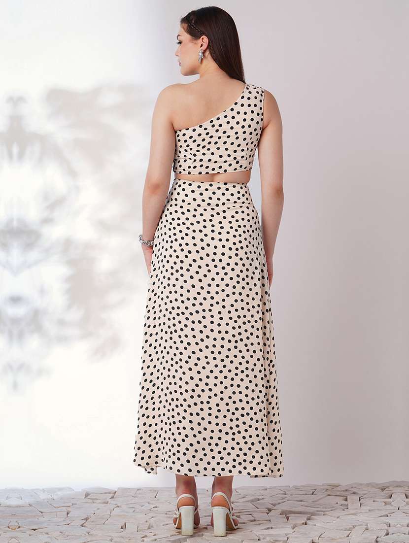 globus women multi color polka print one shoulder crop top with side slit maxi skirt co-ord set - 21908485 -  Standard Image - 2