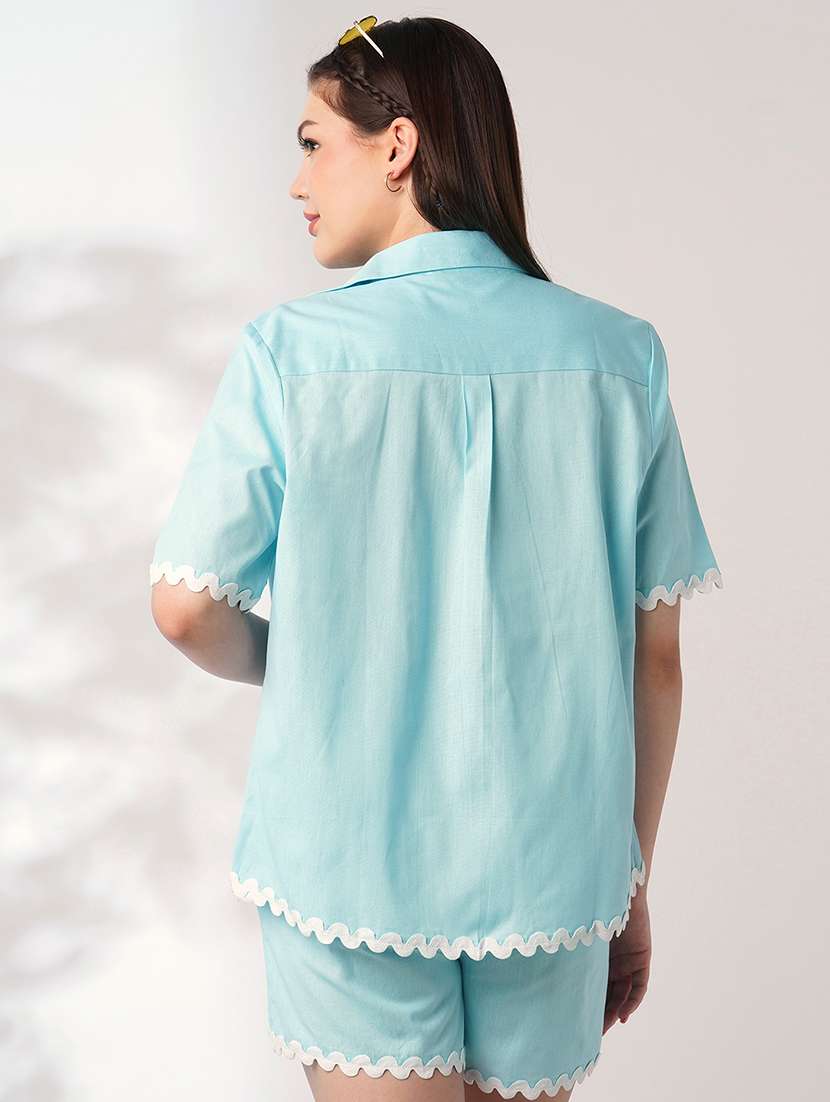 globus women blue collared neck lace detailing oversized shirt with shorts co-ords set - 21908487 - Standard Image - 2