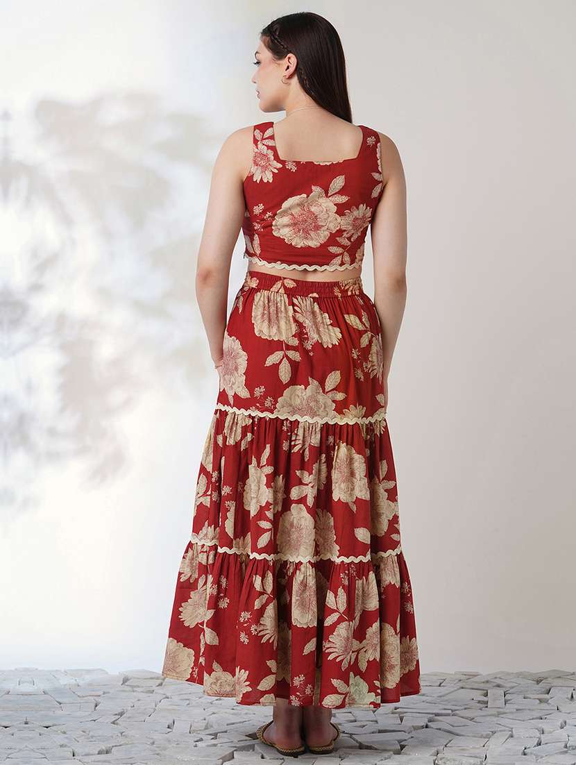 globus women red floral print square neck lace insert crop top with tiered maxi skirt ethnic co-ord set - 21908488 -  Standard Image - 2