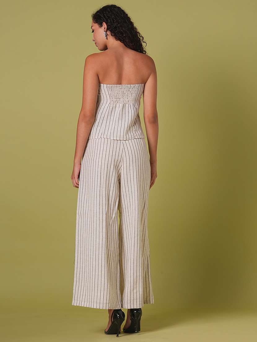 globus women beige striped pattern smocked off shoulder top with wide leg trousers co-ord set - 21908489 -  Standard Image - 2