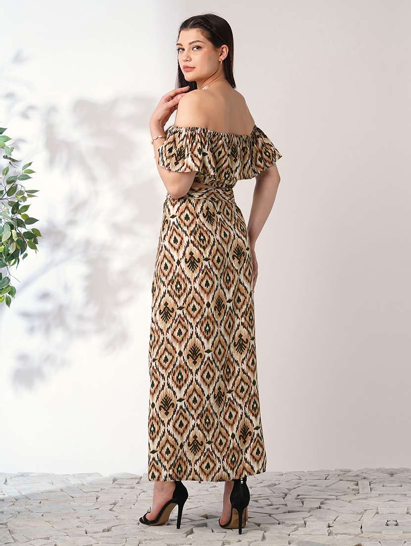 globus women brown ikat print off shoulder ruffle fitted crop top with side slit maxi skirt co-ord set - 21908490 - Standard Image - 2