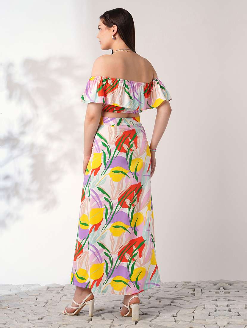 globus women multi color floral print off shoulder ruffle fitted crop top with side slit maxi skirt co-ord set - 21908491 -  Standard Image - 2