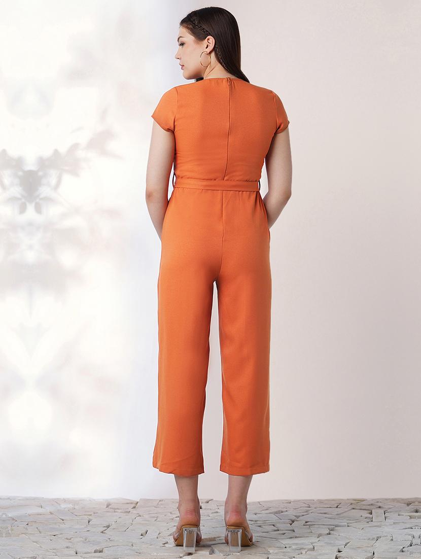 globus women rust wrap v-neck short sleeves belted long jumpsuit - 21908494 -  Standard Image - 2