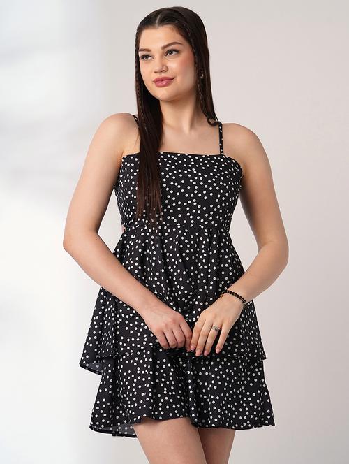 globus women black polka print square neck strappy shoulder back tie-up mini party wear playsuit - 21908495 - Standard Image - 0