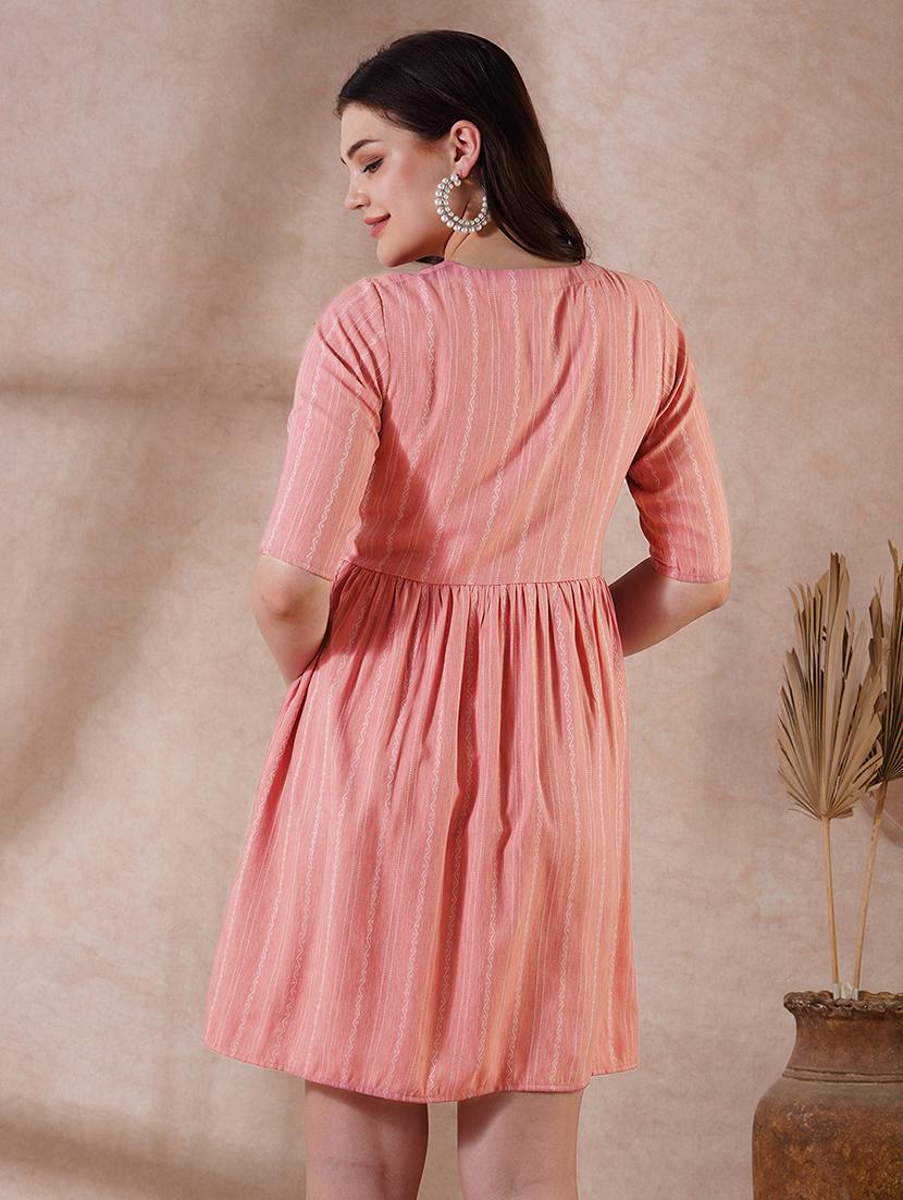 globus women pink self design v-neck embroidered detail button down a-line mini dress - 21908497 - Standard Image - 2