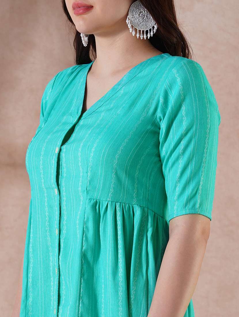 globus women sea green self design v-neck embroidered detail button down a-line mini dress - 21908498 -  Standard Image - 2