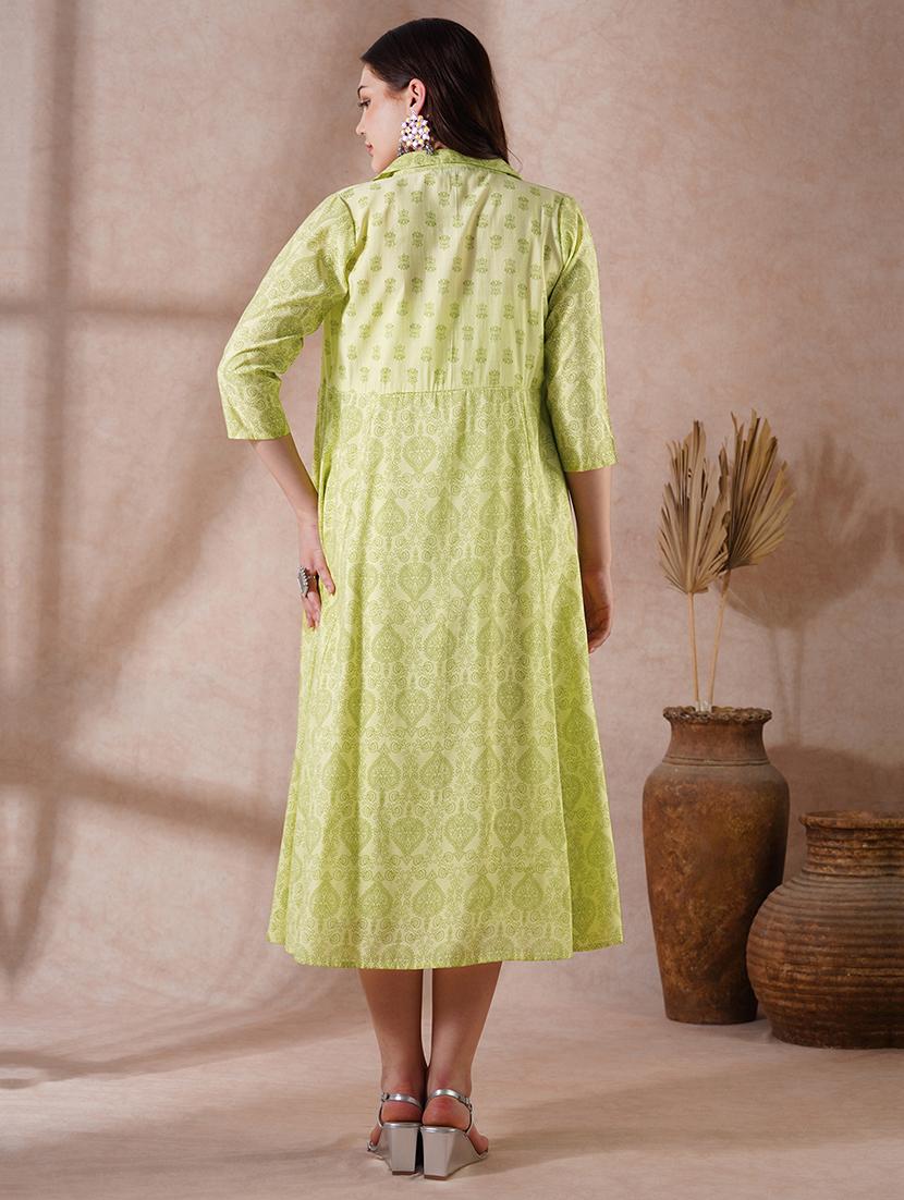 globus women green strappy shoulder gathered a-line midi ethnic dress with shirt style printed shrug - 21908499 - Standard Image - 2