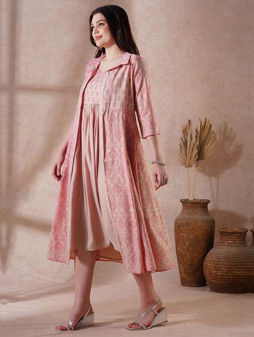 globus women peach strappy shoulder gathered a-line midi ethnic dress with shirt style printed shrug - 21908500 -  Standard Image - 0