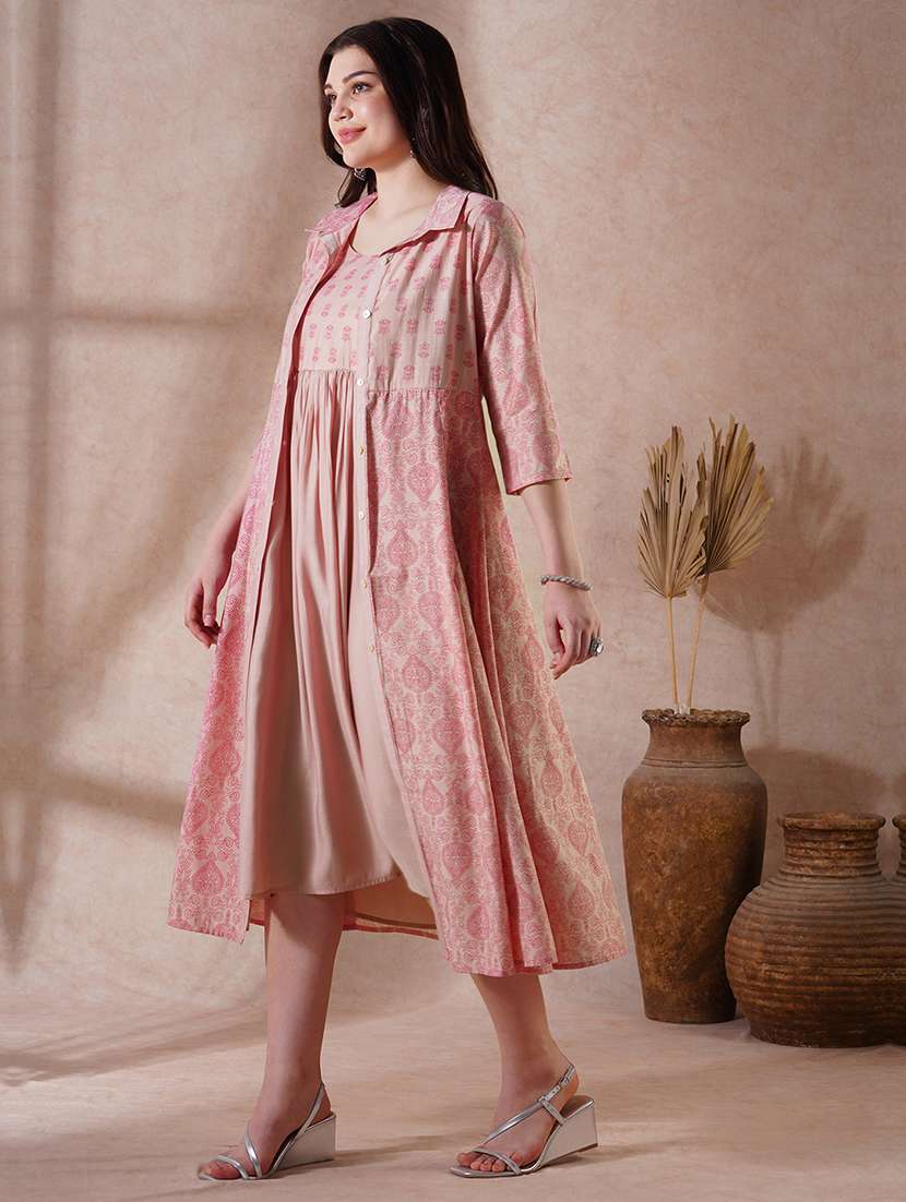 globus women peach strappy shoulder gathered a-line midi ethnic dress with shirt style printed shrug