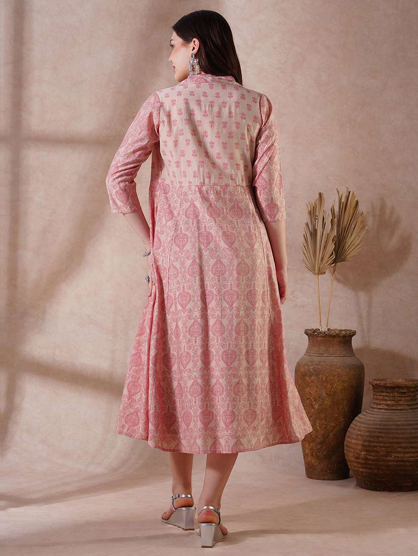 globus women peach strappy shoulder gathered a-line midi ethnic dress with shirt style printed shrug - 21908500 -  Standard Image - 2