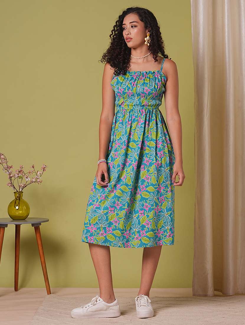 globus women teal floral print square neck strappy shoulder gathered fit & flare midi fusion dress