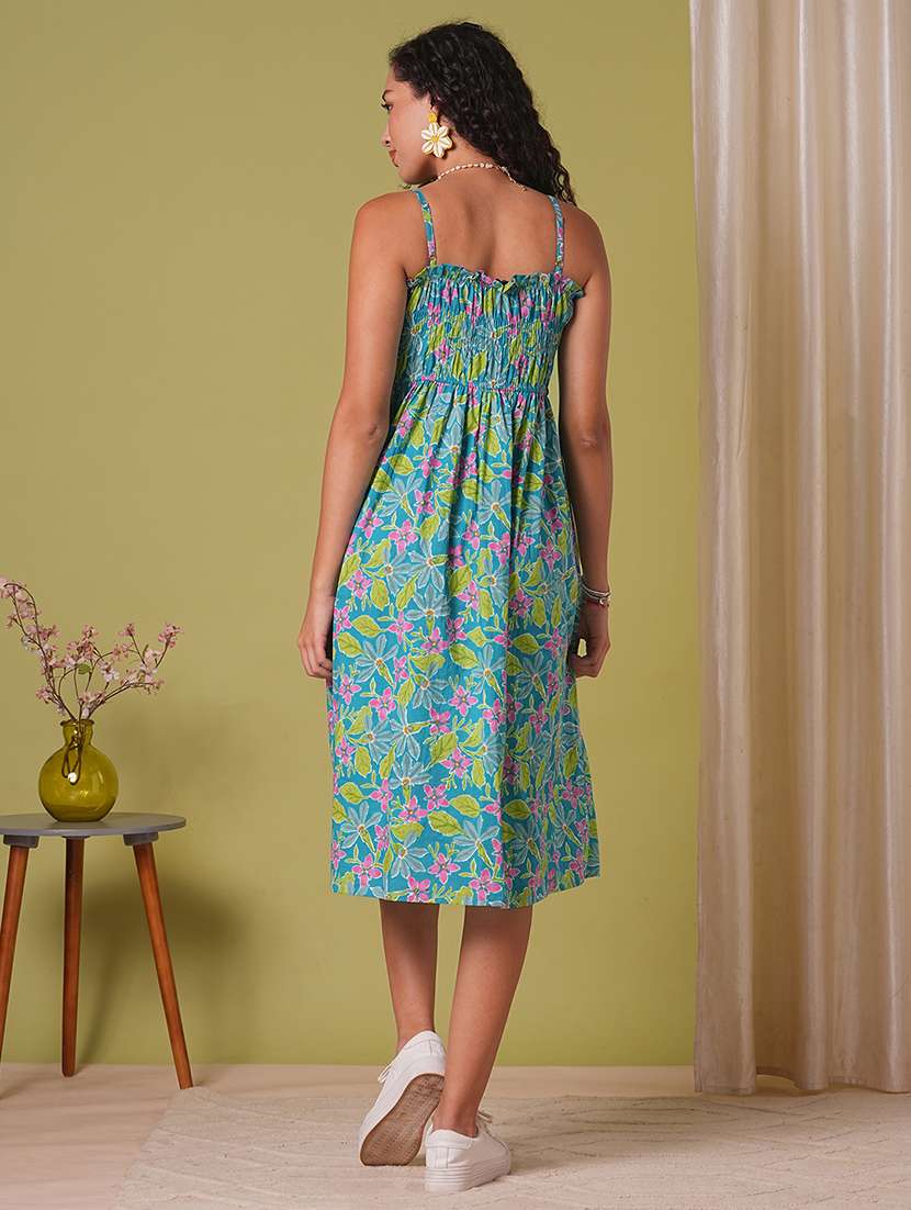 globus women teal floral print square neck strappy shoulder gathered fit & flare midi fusion dress - 21908504 -  Standard Image - 2