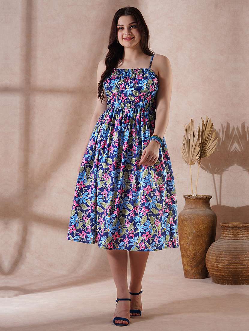 globus women navy blue floral print square neck strappy shoulder gathered fit & flare midi fusion dress