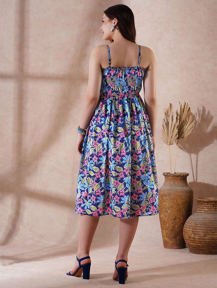 globus women navy blue floral print square neck strappy shoulder gathered fit & flare midi fusion dress - 21908505 -  Standard Image - 2