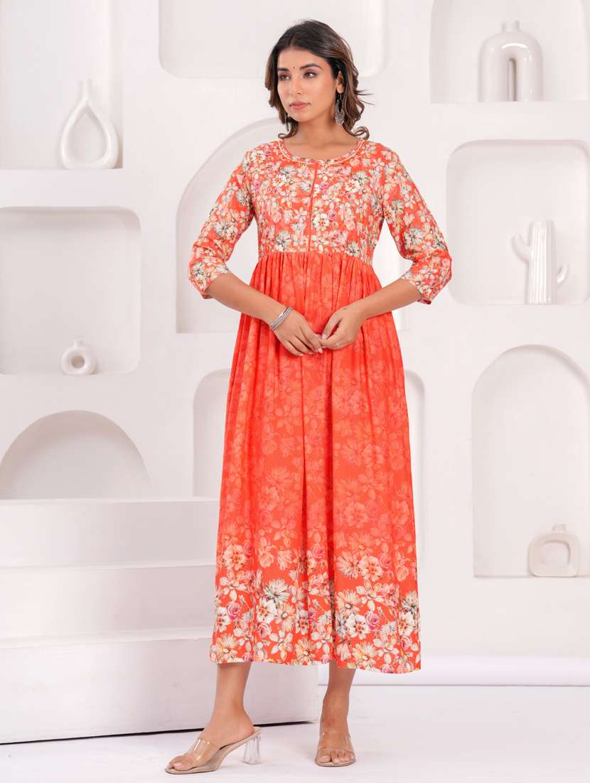 women three quarter sleeve flared ethnic dress - 21908846 -  Standard Image - 2
