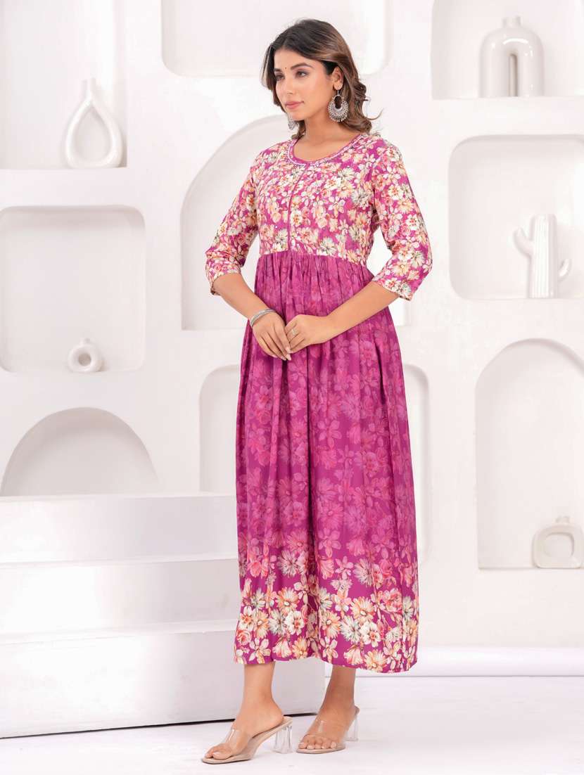 women three quarter sleeve flared ethnic dress - 21908847 -  Standard Image - 2