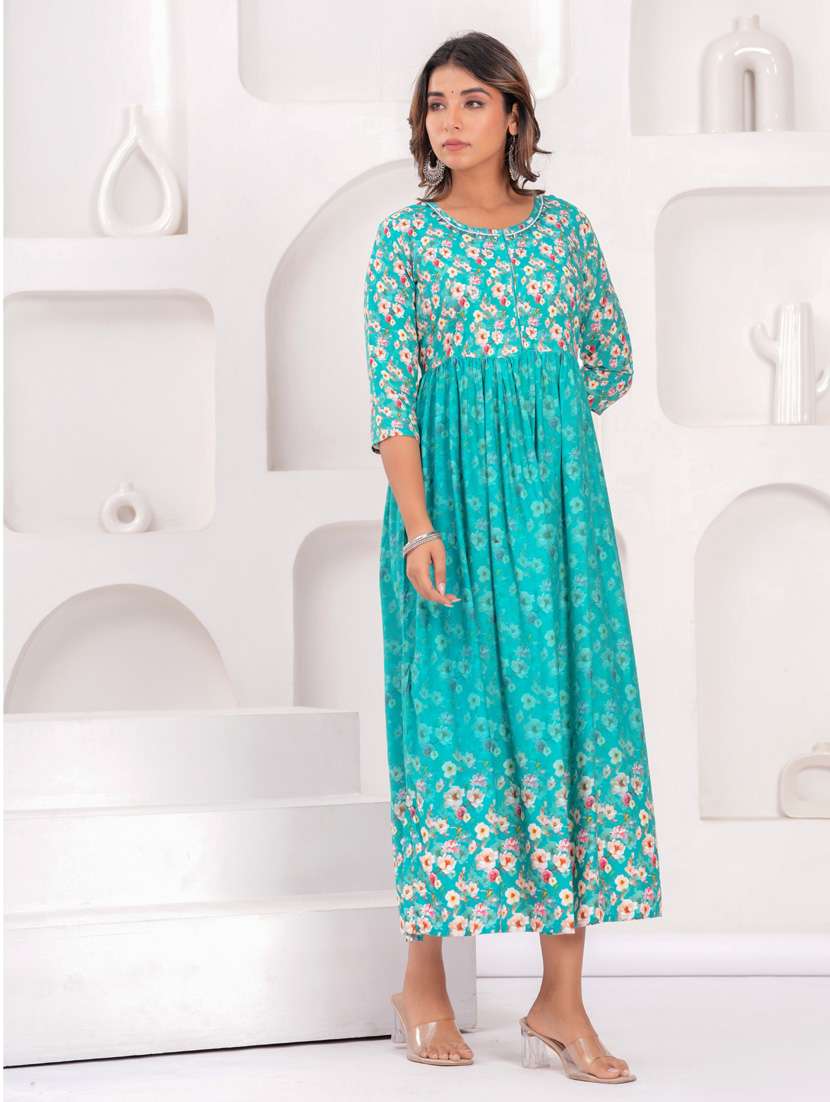 women three quarter sleeve flared ethnic dress - 21908848 -  Standard Image - 2