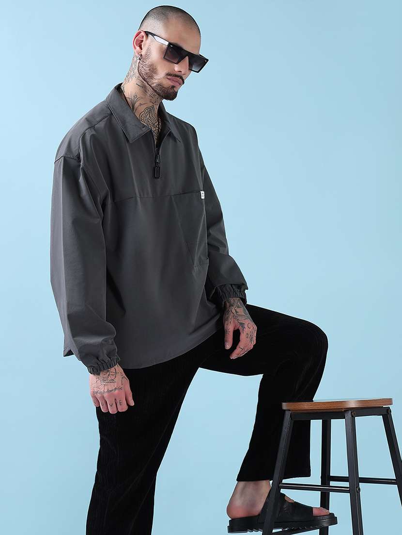 men grey solid long sleeve casual jacket