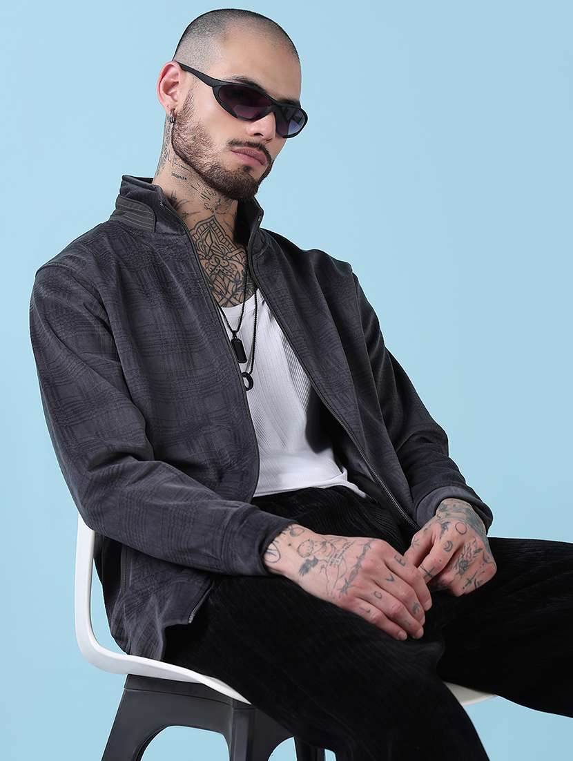 men printed stand collar casual jacket