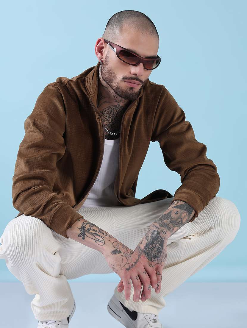 men brown checkered long sleeve casual jacket