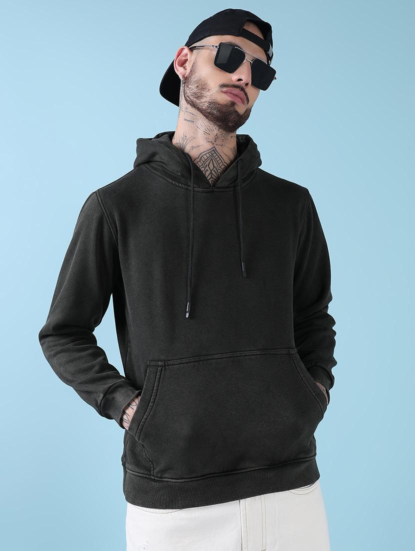 men solid long sleeve hooded sweatshirt