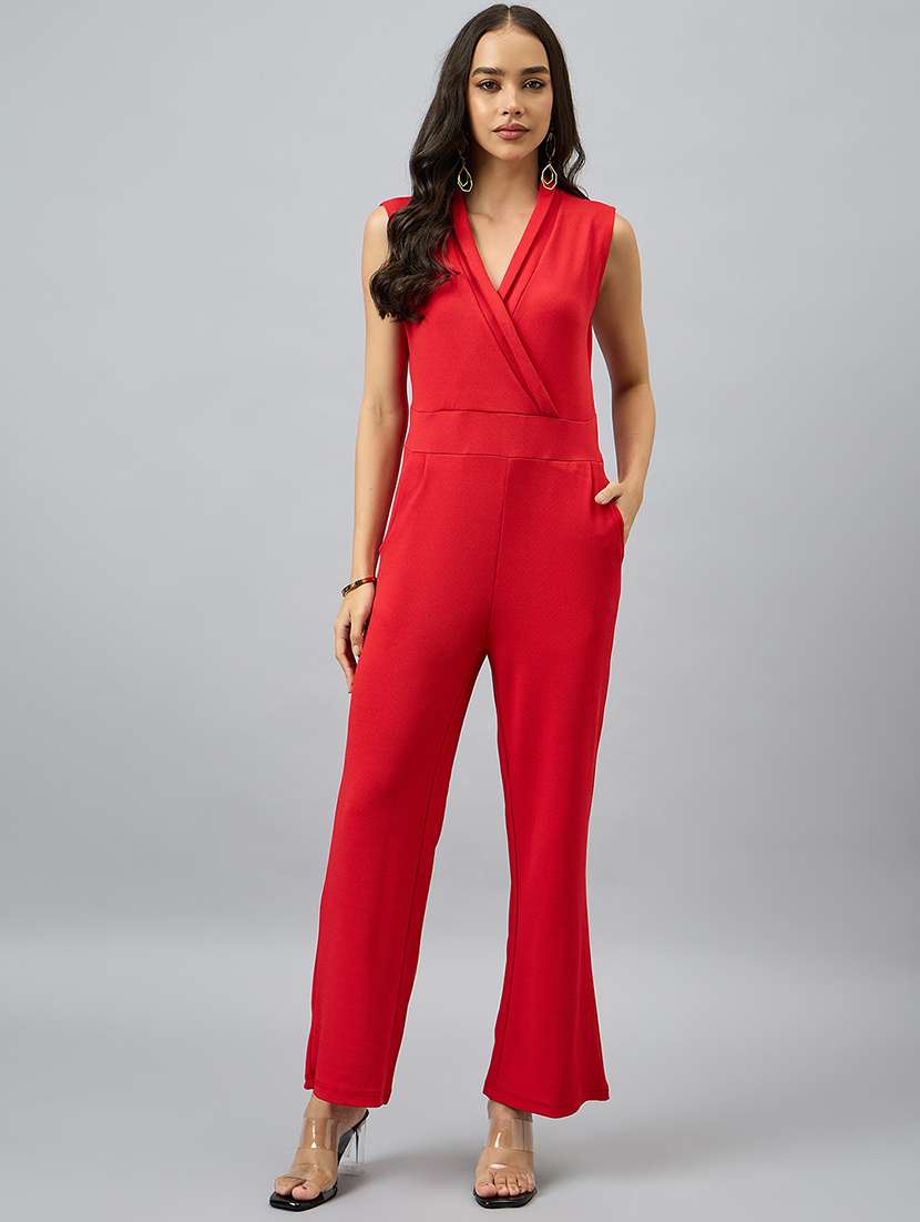 women solid overlap neck sleeveless jumpsuit