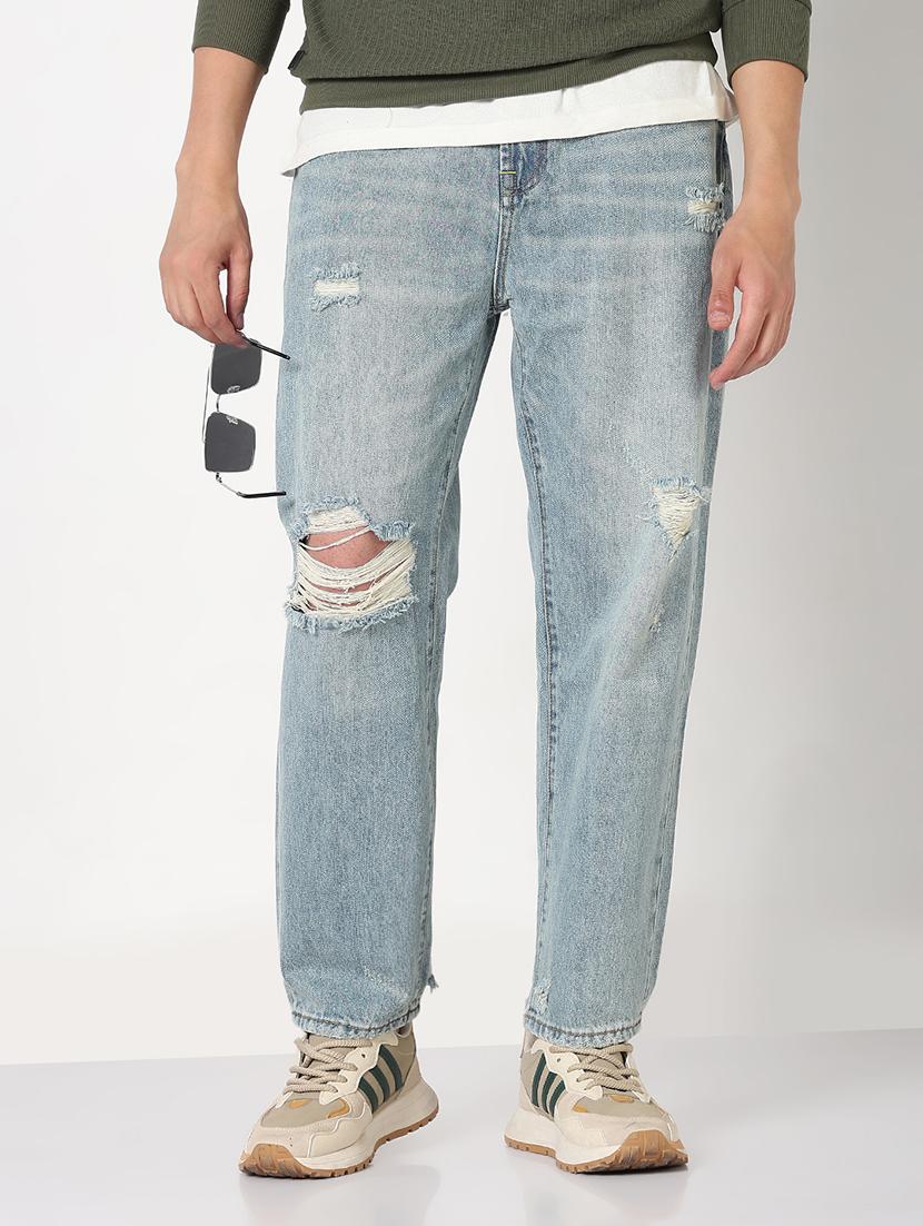 men solid distressed mid rise jean