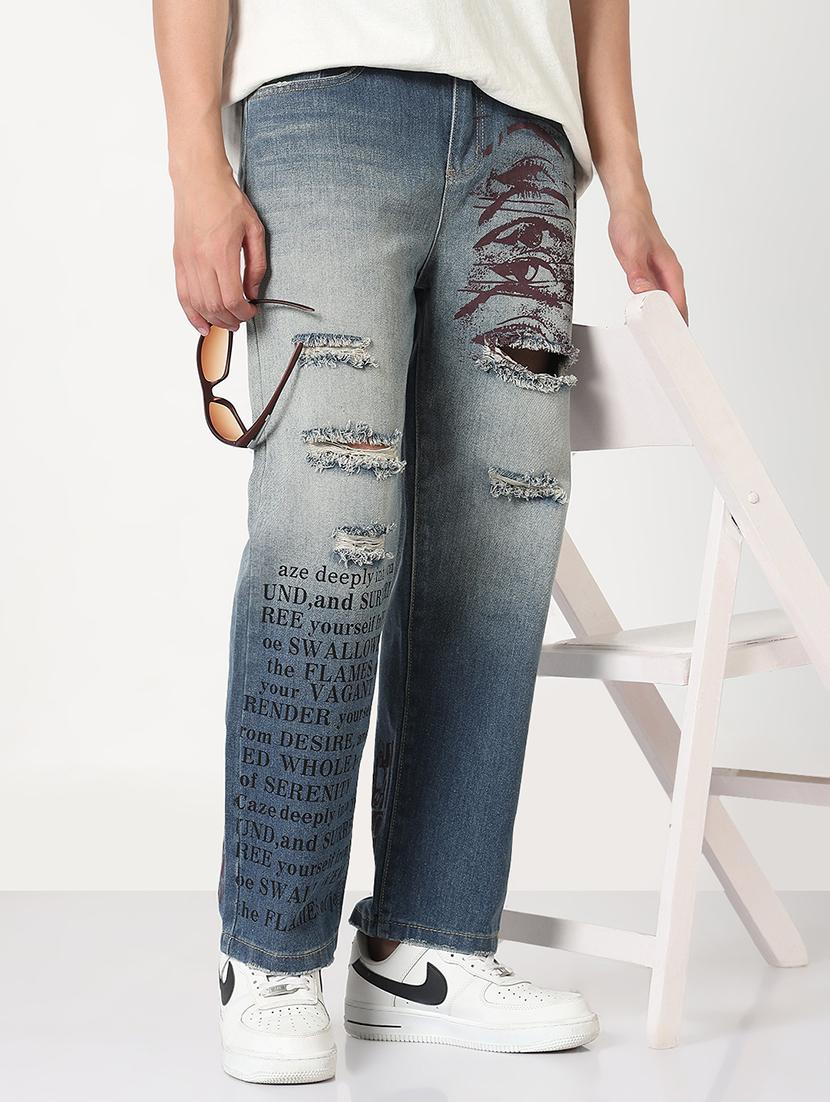 men solid distressed straight fit jean