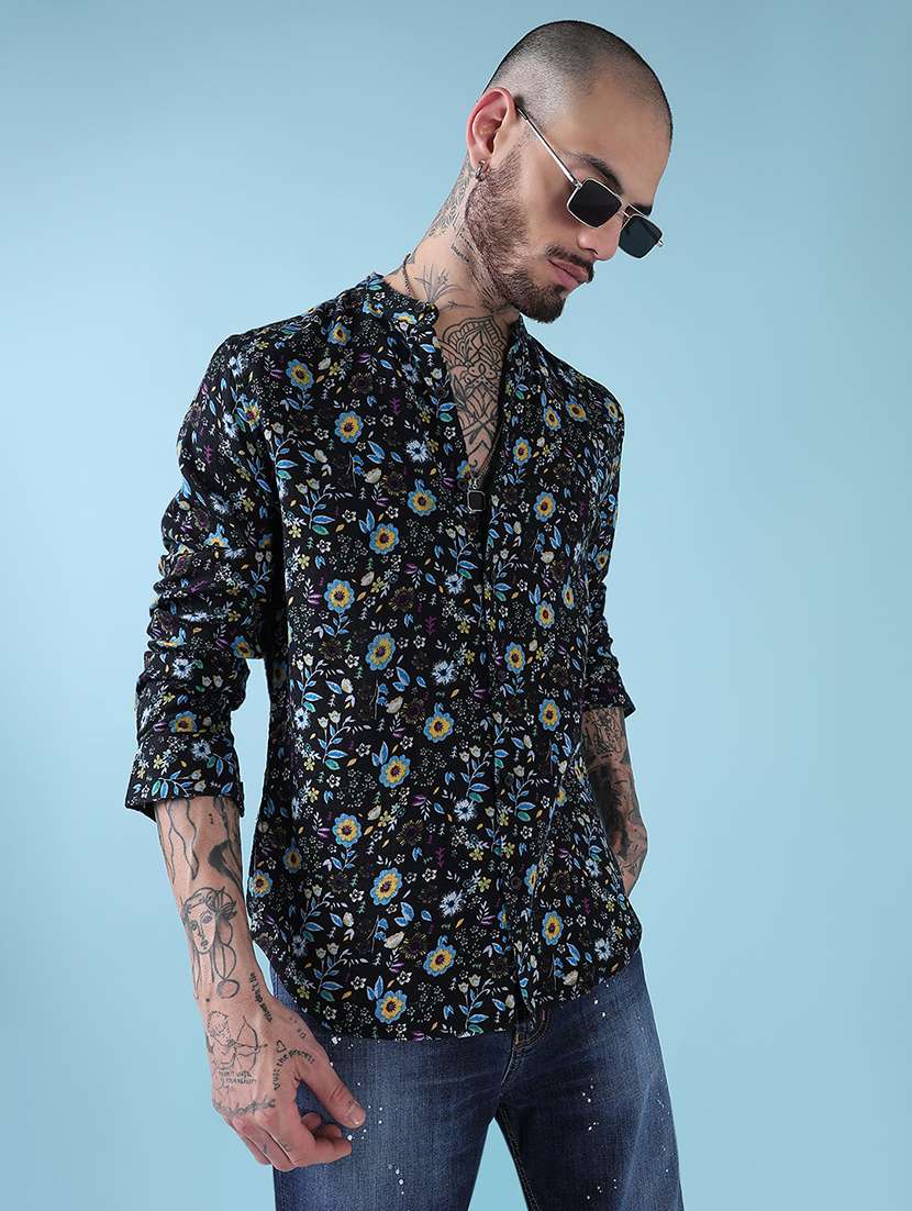 men floral printed mandarin neck casual shirt