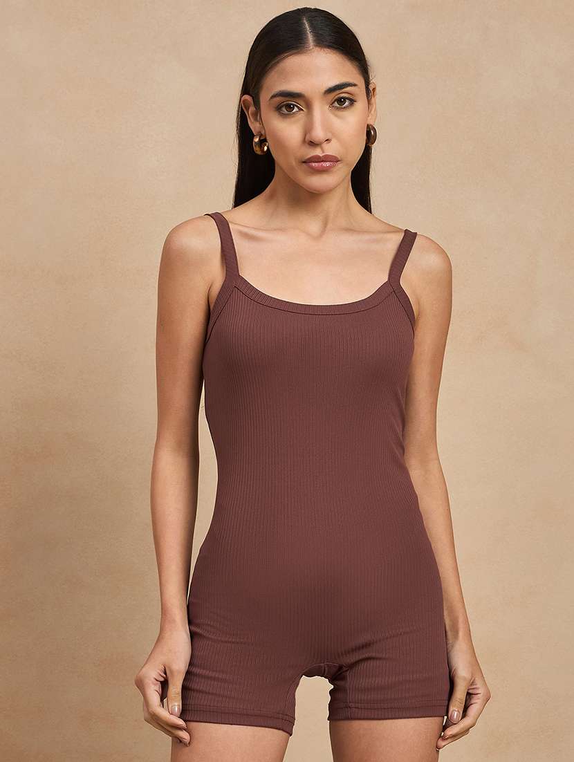 women solid round neck slim fit romper 