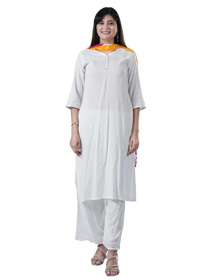 women three quarter sleeve kurta palazzo with dupatta set - 21909098 -  Standard Image - 2