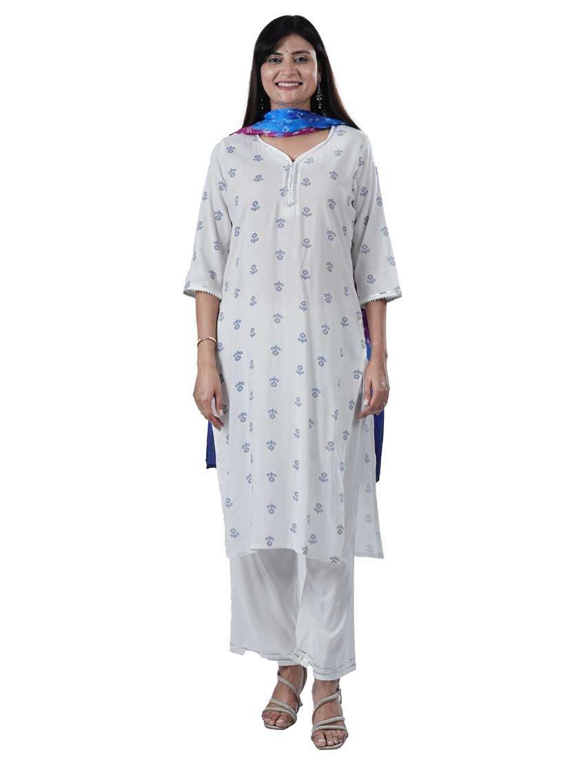 women three quarter sleeve kurta palazzo with dupatta set