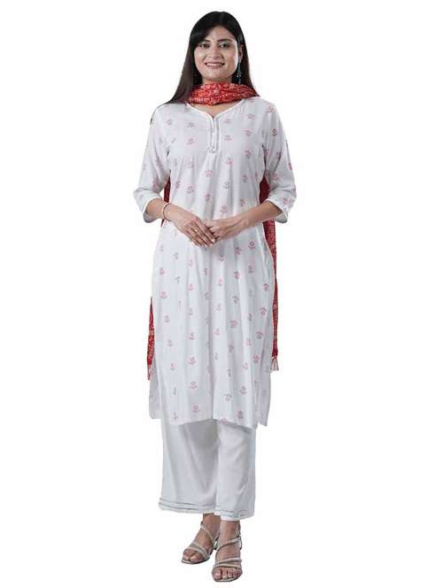 women three quarter sleeve kurta palazzo with dupatta set - 21909101 -  Standard Image - 0