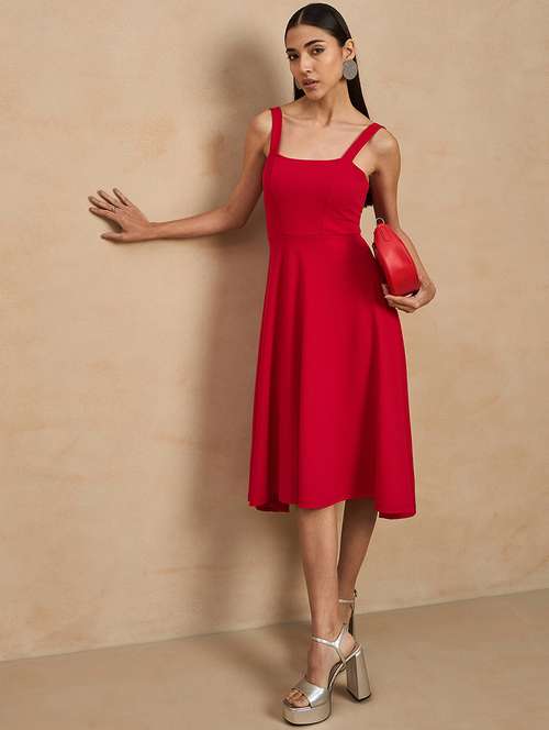 women solid shoulder strap fit & flare dress - 21909142 -  Standard Image - 0