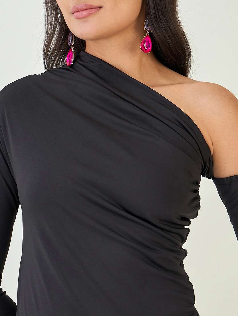women solid single shoulder high slit dress - 21909172 - Standard Image - 2