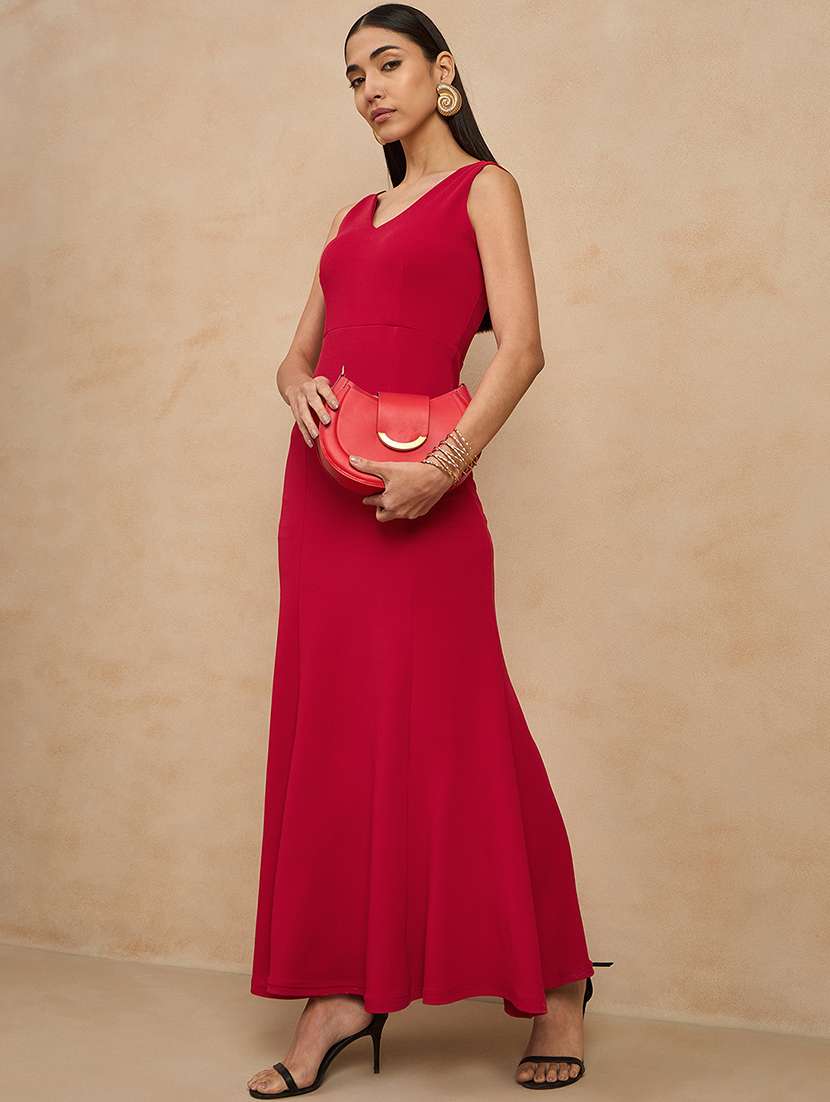 women red solid sleeveless a-line dress