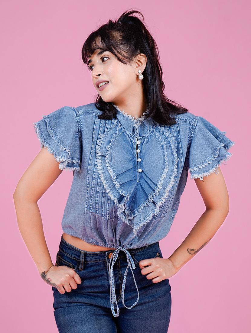 women solid flaerd sleeves crop top - 21909541 -  Zoom Image - 0