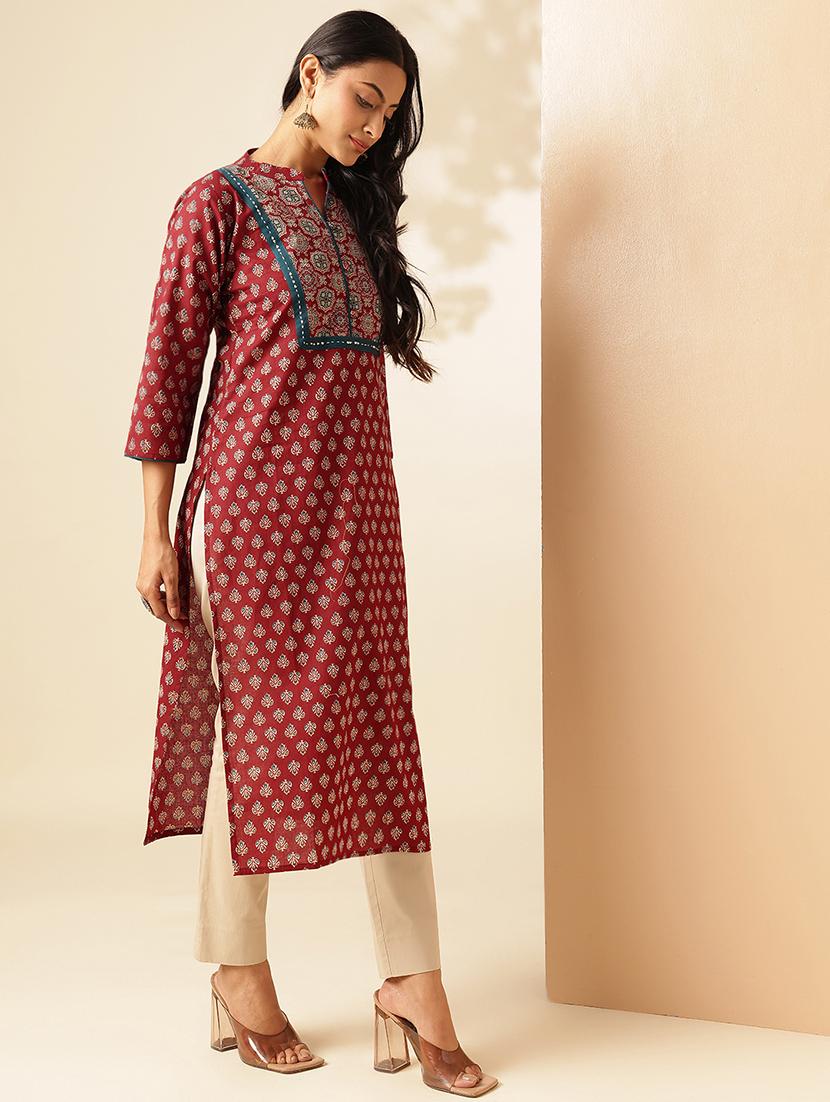 women three quarter sleeve straight kurta - 21909587 - Standard Image - 2