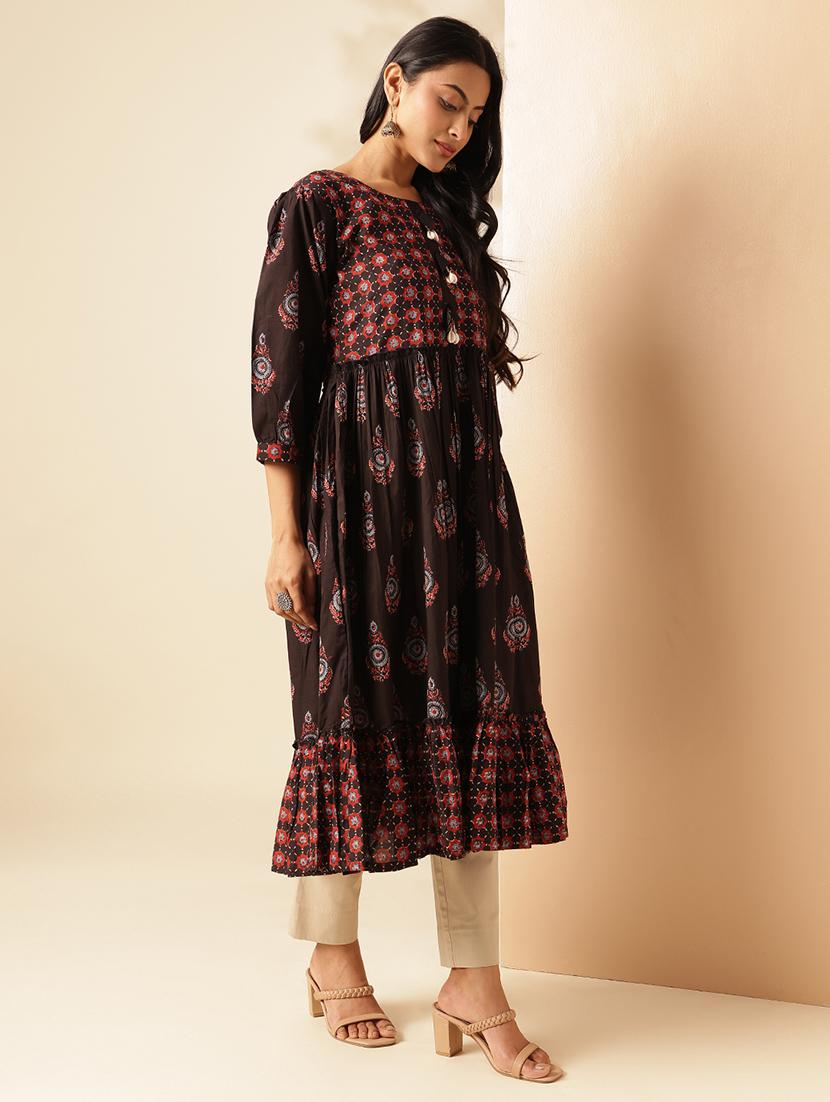 women printed three quarter sleeve tiered kurta - 21909591 - Standard Image - 2
