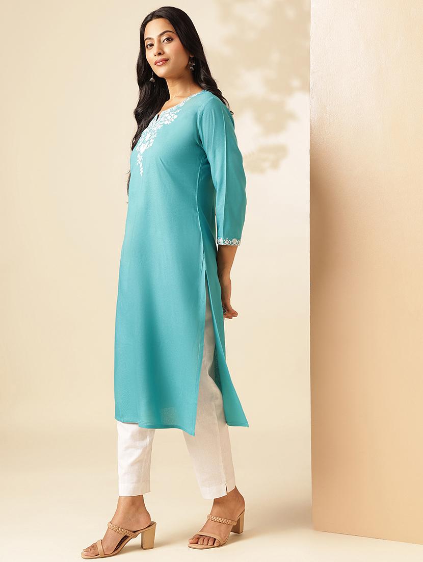 women embroidered three quarter sleeve straight kurta - 21909592 - Standard Image - 2