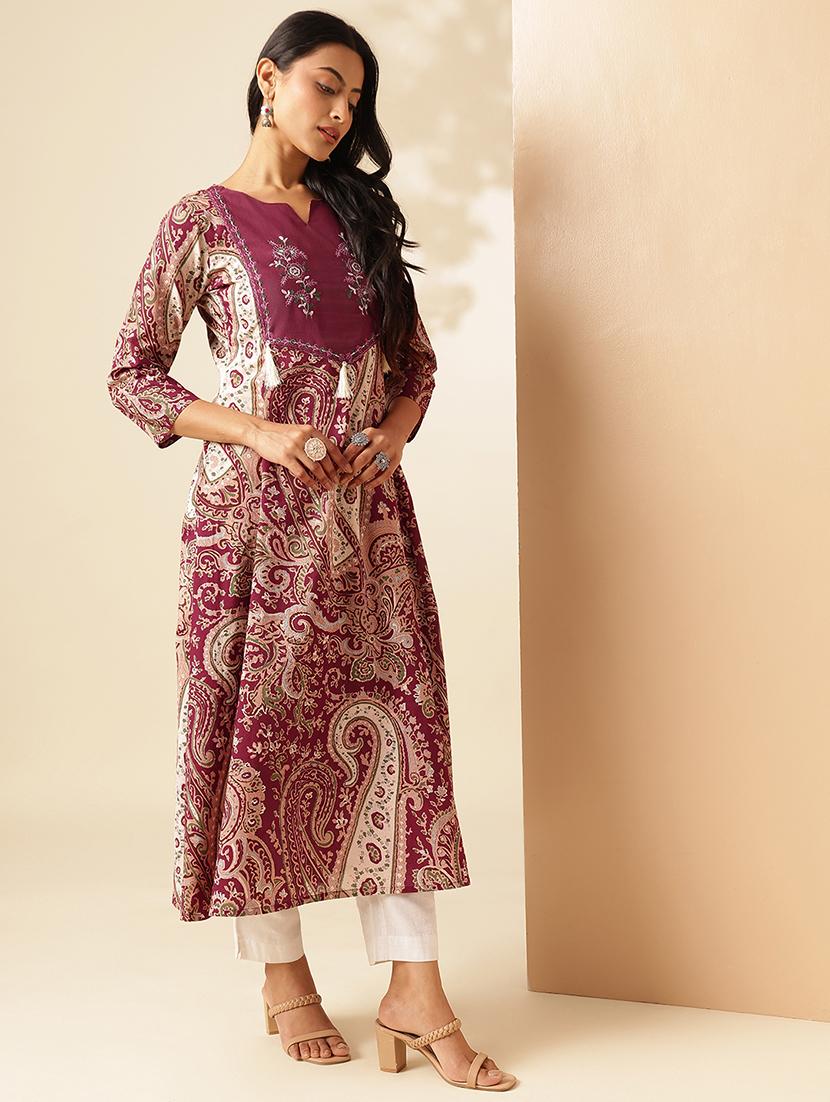 women three quarter sleeve a-line kurta - 21909594 - Standard Image - 2