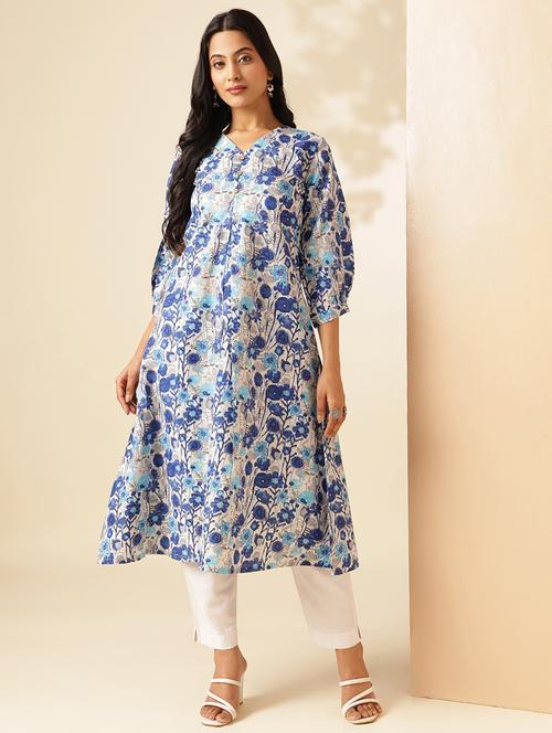 women blue three quarter sleeve a-line kurta - 21909596 - Standard Image - 0