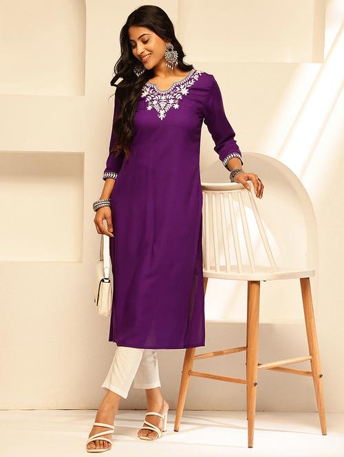 women embroidered three quarter sleeve straight kurta - 21909600 - Standard Image - 0