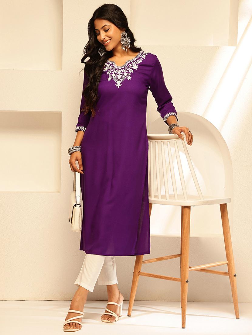 women embroidered three quarter sleeve straight kurta