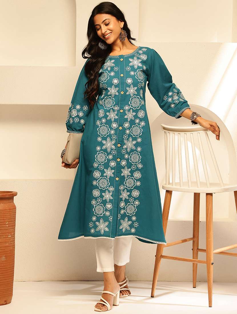 women embroidered three quarter sleeve a-line kurta
