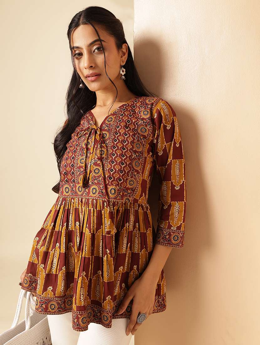 women printed three quarter sleeves flared kurti